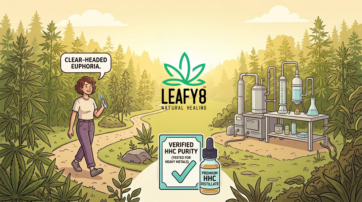 a person walking through a hemp field, showcasing the uplifting and clear-headed euphoria of HHC. The person smiles while holding a vape cartridge along a winding path surrounded by cannabis plants. In the center, the Leafy8 Natural Healing logo is displayed above a lab certificate for verified HHC purity and a premium HHC distillate dropper bottle. On the right, an outdoor laboratory extraction setup with beakers and glass flasks emphasizes clean, third-party tested manufacturing processes.