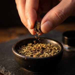 Macro shot of a hand crumbling Leafy8 hashish over a bowl of flower, representing premium concentrates from Leafy8 Winter Park.