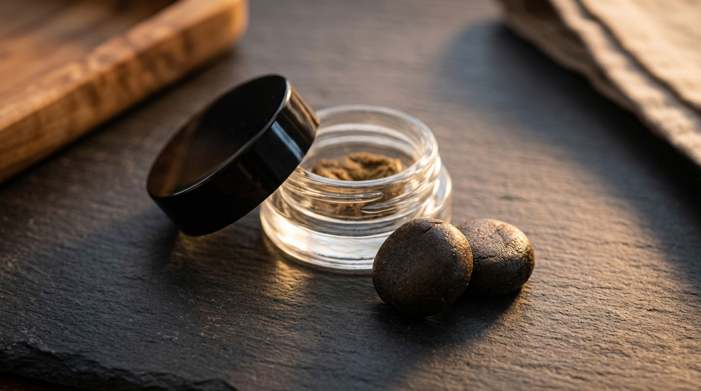 Open glass jar of Leafy8 hashish with two dark pressed hash bricks on slate, featured at the Leafy8 Winter Park location.