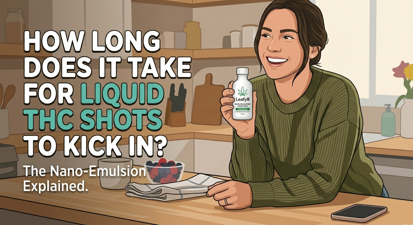 An illustrated woman smiles, holding a white Leafy8 Liquid THC Shot bottle in an Azalea Park, Florida kitchen setting. Text: "How Long Does It Take for Liquid THC Shots to Kick In? The Nano-Emulsion Explained."