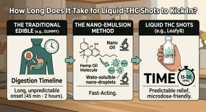 Infographic titled "How Long Does It Take for Liquid THC Shots to Kick In?" comparing traditional edibles to Leafy8 liquid THC shots. The graphic breaks down three stages from left to right: 1) The Traditional Edible showing a digestion timeline with a long, unpredictable onset of 45 minutes to 2 hours. 2) The Nano-Emulsion Method illustrating a hemp oil molecule breaking into water-soluble, fast-acting nano-droplets. 3) Liquid THC Shots by Leafy8 showing a bottle held in a hand next to a stopwatch indicating a predictable, microdose-friendly relief time of 15 to 20 minutes.