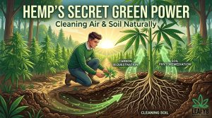 depicting the environmental benefits of industrial hemp cultivation. In a lush, sunlit field, a person kneels while examining a young hemp plant. The image uses a cutaway view of the soil to visualize the scientific process of phytoremediation, showing the plant’s deep root system. Arrows rising from the foliage illustrate carbon sequestration, representing the plant's natural role in cleaning the atmosphere. The Leafy8 Natural Healing logo is displayed in the bottom right corner, reinforcing the brand's commitment to sustainable, clean-source agricultural practices.