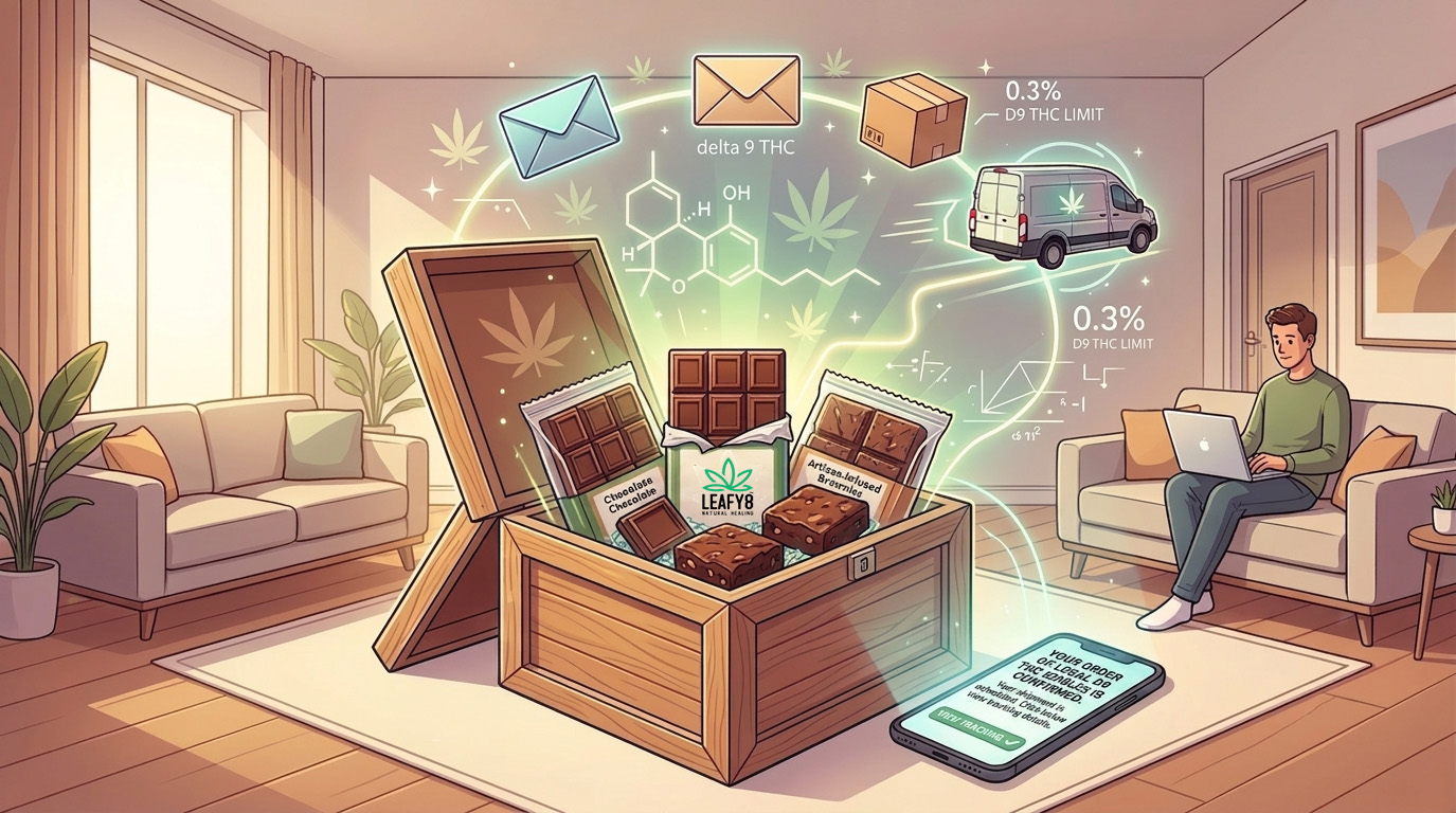 a customer ordering legal hemp-derived Delta-9 THC edibles online from Leafy8, featuring artisanal chocolate bars and brownies inside a premium shipping crate. The scene highlights federal Farm Bill compliance with a clean, legible text panel outlining the 0.3% Delta-9 THC dry-weight limit for nationwide shipping, while a delivery van symbol emphasizes direct-to-door shipping in Central Florida.