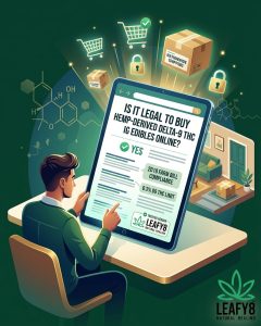 a person sitting at a desk, looking at a large tablet displaying a webpage titled "IS IT LEGAL TO BUY HEMP-DERIVED DELTA-9 THC EDIBLES ONLINE? YES". The page highlights 2018 Farm Bill compliance and the 0.3% Delta-9 THC limit. Surrounding the tablet are glowing digital icons of shopping carts, padlocks, and shipping boxes labeled "NATIONWIDE SHIPPING," symbolizing a secure online e-commerce checkout. In the background, a cozy living room scene shows a newly delivered package waiting on a table. The authentic Leafy8 Natural Healing logo is clearly displayed in the bottom right corner of the illustration, representing the brand's direct-to-consumer online fulfillment system serving consumers in Central Florida.