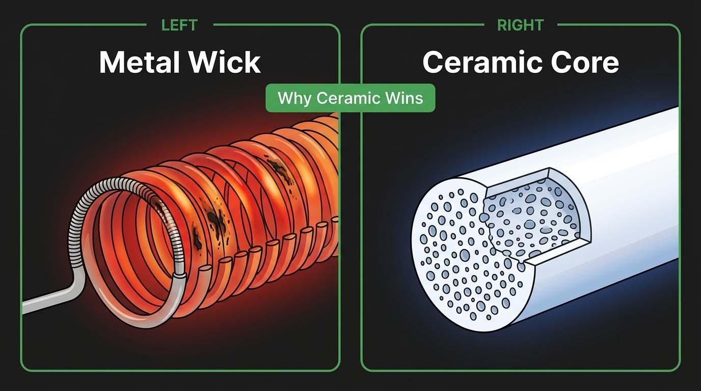 Metal wick vs ceramic core heating comparison infographic — why ceramic core disposable vape pens deliver cleaner, more even vapor