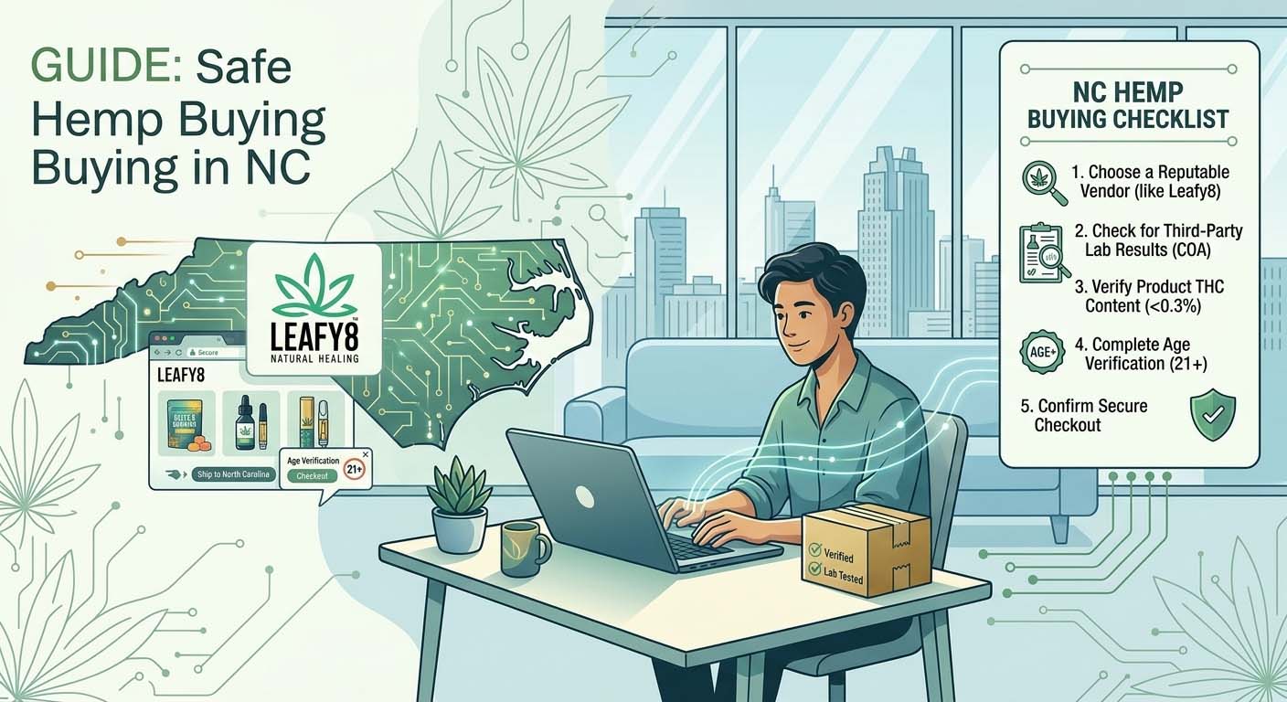 Online hemp guide North Carolina; leafy8 delta-8 NC; age verification for delta 8; lab tested delta 8 delivery Raleigh; legal NC hemp products.