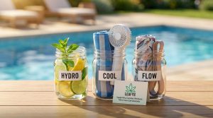 Essential summer lifestyle habits concept featuring Leafy8 brand wellness props displayed by a bright swimming pool patio in Azalea Park, Florida.
