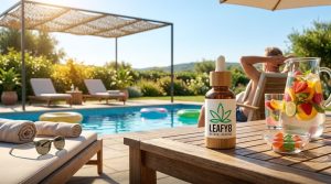 A relaxing outdoor scene at a pool in Azalea Park, Florida, featuring Leafy8 Natural Healing brand CBD oil and gummies for sale nearby.