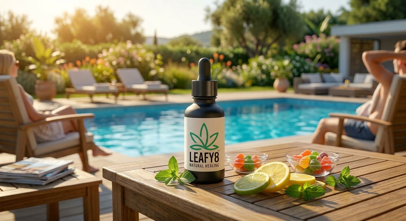 Leafy8 natural hemp-derived products displayed by a sunny swimming pool patio in Azalea Park, Florida, perfect for a summer wellness routine.