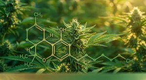An educational scientific graphic showing the accurate 7-carbon molecular structure of THCP overlaid on a vibrant cannabis plant, representing Leafy8 hemp wellness products available in Azalea Park, Florida. and Winter Park, Florida.