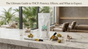 Leafy8 THCP vape cartridges and 3g disposable packaging displayed on marble countertop with hemp buds and crystals - premium THCP products from Leafy8 Natural Healing
