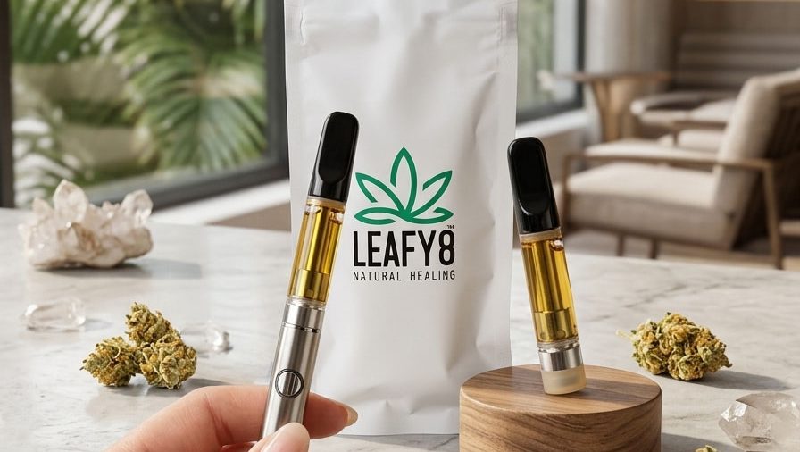 Leafy8 THCP vape cartridges and 3g disposable packaging on marble countertop with hemp buds - premium THCP vapes from Leafy8 Natural Healing