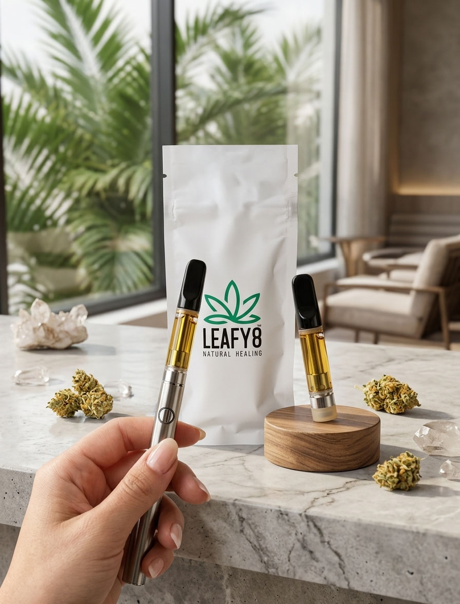 Leafy8 THCP vape cartridges and 3g disposable packaging on marble countertop with hemp buds - premium THCP vapes from Leafy8 Natural Healing