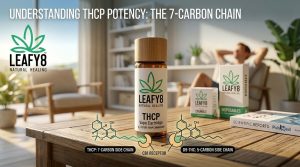 A educational graphic highlighting Leafy8 brand THCP vape cartridges and chemical structures, displayed on a sun-drenched outdoor patio in Azalea Park, Florida.