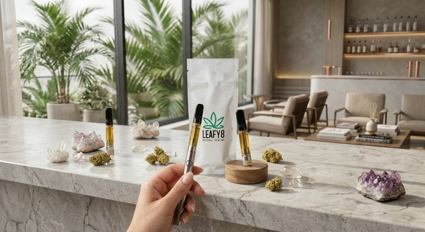 Leafy8 THCP vape cartridges and 3g disposable packaging on marble countertop with hemp buds - premium THCP vapes from Leafy8 Natural Healing
