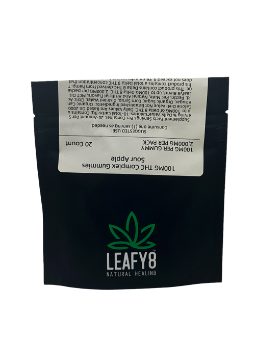 he back product label of Leafy8 Natural Healing 100mg THC Complex Gummies in Sour Apple flavor. The premium black child-resistant mylar pouch displays supplement facts for a 20-count pack totaling 2,000mg, highlighting up to 100mg of legal hemp-derived Delta 8 THC per serving with transparent ingredients and suggested use instructions.