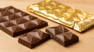 Close-up editorial shot of a Leafy8 THC Complex Belgian Chocolate Mega Bar (1500mg) broken neatly along its molded grid lines into individual 3-sided pyramid micro-dose squares, shown next to its premium gold foil wrapper on a neutral wood surface.