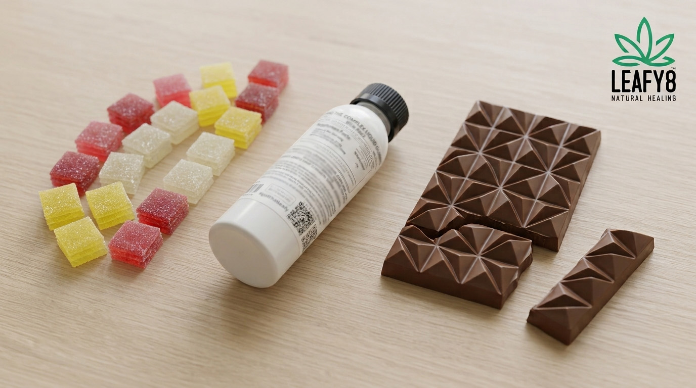 Edible dosing flat-lay featuring a spectrum of high-potency products from Leafy8, including a 300mg Blue Razz THC Complex Liquid Gummy bottle, segmented 1500mg Belgian chocolate mega bar, and precisely dosed square gummies arranged on a matte surface with the official Leafy8 logo.
