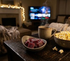 A close-up lifestyle product photo of a modern grey ceramic bowl filled with soft, square chewable hemp gummies dusted with a light layer of sugar crystals. The dark red gummies sit on a dark rustic wood coffee table next to a steaming mug of tea and a bowl of popcorn. In the cozy, softly lit background, warm fairy string lights and a blurred television screen create an inviting atmosphere for a traditional THC gummy Netflix night.