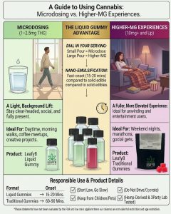 Infographic guide by Leafy8 comparing cannabis microdosing versus higher-mg experiences. The left column shows a microdose of 1 to 2.5mg THC for daytime focus, featuring a person walking and a Leafy8 Liquid Gummy bottle. The center highlights the Liquid Gummy Advantage of nano-emulsified fast onset with a cluster of small dose bottles. The right column outlines higher-mg experiences of 10mg and up for evening relaxation, featuring a person watching TV on a couch next to a black Leafy8 Traditional Gummies bag with a green leaf logo. The bottom section details onset times and responsible use rules.