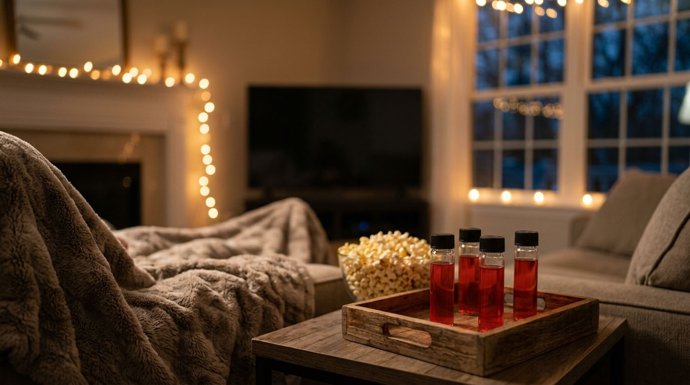 A cozy, softly lit living room set up for a movie night marathon featuring a warm blanket on a couch, a bowl of popcorn, and a wooden tray on the coffee table holding Leafy8 THC Complex Liquid Gummy bottles. The relaxed night-in atmosphere is illuminated by warm string lights and a glowing TV screen in the background, perfectly capturing a cozy THC gummy Netflix night.