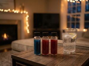 A close-up lifestyle product photo of three unbranded liquid gummy shot bottles in vibrant blue raspberry, mixed berry, and fruit punch tones sitting on a dark wood coffee table. The opaque syrups show subtle condensation on the glass next to a refreshing glass of sparkling water with ice and a lemon slice. The warm, softly lit living room background perfectly captures the ingredients for a relaxing THC gummy Netflix night.