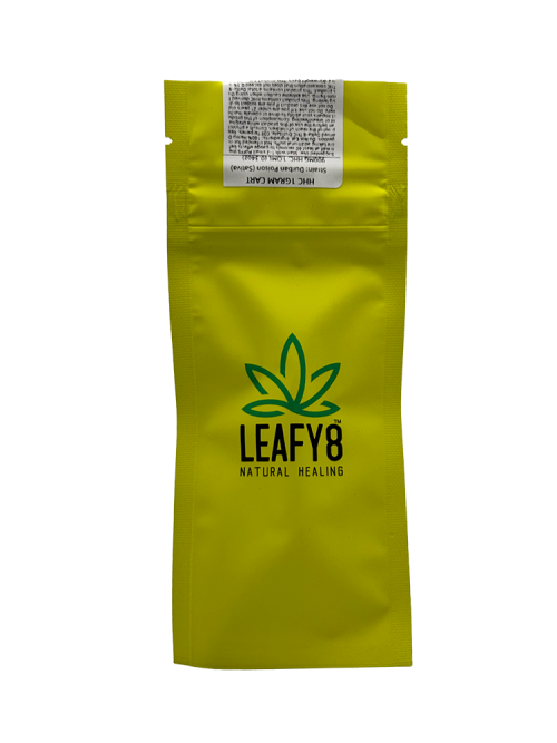 Premium yellow standby pouch for Leafy8 Natural Healing's 1g HHC vape cartridges, showing the brand's signature logo and official product safety label.