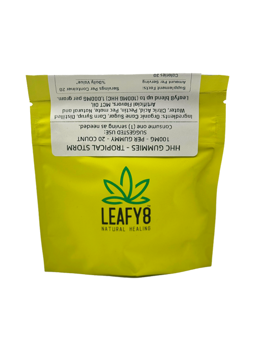 Premium yellow standby pouch for Leafy8 Natural Healing's 100mg HHC gummies, showcasing the brand's green leaf logo, nutrition and ingredient info, and official child-resistant packaging compliance details.