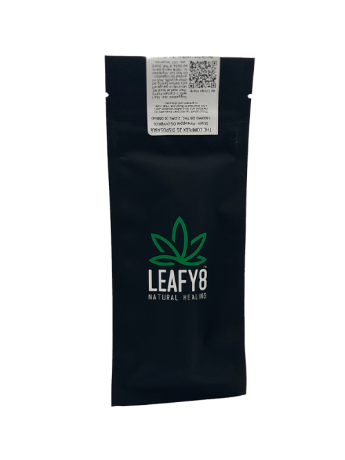 Premium black standby pouch for Leafy8 Natural Healing's 2g THC Complex disposable vapes, showcasing the brand's green leaf logo, a lab-results QR code, and official product compliance details.