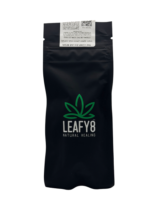 Premium black standby pouch for Leafy8 Natural Healing's 3g THC Complex Live Resin disposable vapes, featuring the brand's green leaf logo, an interactive QR code, and official compliance labeling.