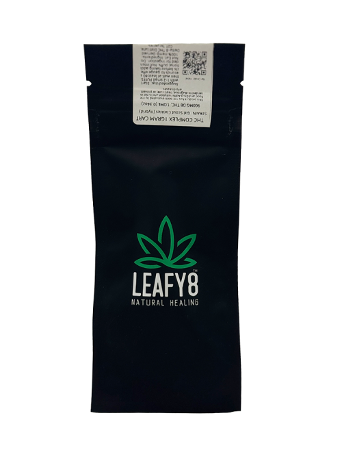 Premium black child-resistant standby pouch for Leafy8 Natural Healing's 1g THC Complex vape cartridges, displaying the brand's green leaf logo, a batch verification QR code, and product compliance details.