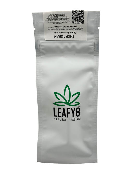 Premium white child-resistant standby pouch for Leafy8 Natural Healing's 1g THCP vape cartridges, showcasing the brand's green leaf logo, a batch verification QR code, and official product compliance details.