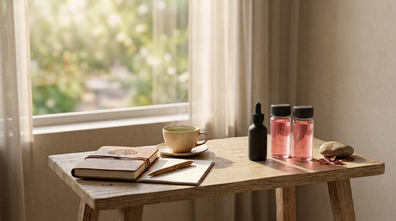 A bright, minimal lifestyle photo featuring a rustic wooden side table under soft morning light. On the table sits an open journal with a leather cover and pen, a steaming cup of tea on a saucer, a sleek matte black opaque dropper bottle, and two small 3-inch unbranded bottles filled with a translucent, light pinkish fruit punch liquid gummy syrup. A clear window in the background shows a softly blurred view of bright green foliage, creating a clean, editorial layout for hemp-derived lifestyle options.
