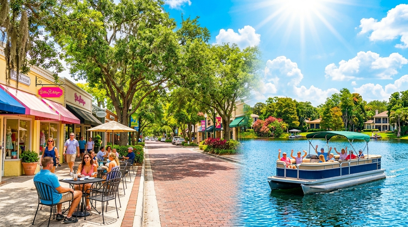 Scenic Winter Park, FL street scene highlighting local spots and Leafy8 THC gummies with fast local delivery.