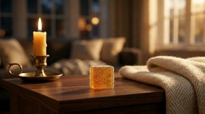 Premium sugar-coated square amber hemp gummy candy resting on a dark walnut side table beside a lit candle, cozy evening lifestyle photography.
