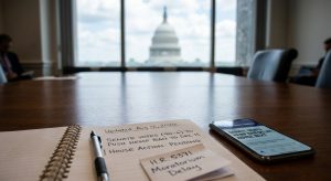 Journalist desk notes on the August 2026 Senate vote (90-6) delaying the federal hemp ban to December 11, with a smartphone displaying news updates in front of the U.S. Capitol.