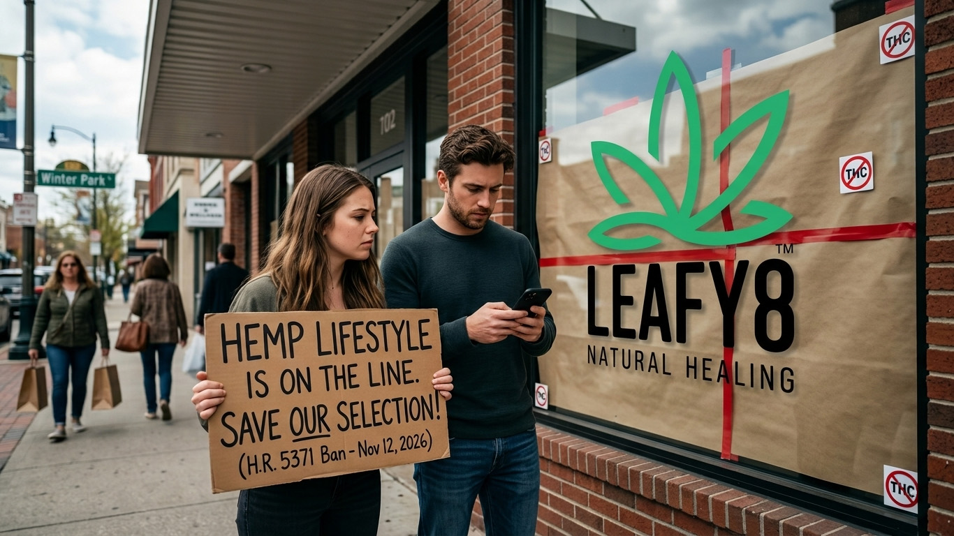 Advocates holding a sign protesting the 2026 federal hemp-derived THC ban outside the Leafy8 store in Winter Park, urging consumers to contact legislators.