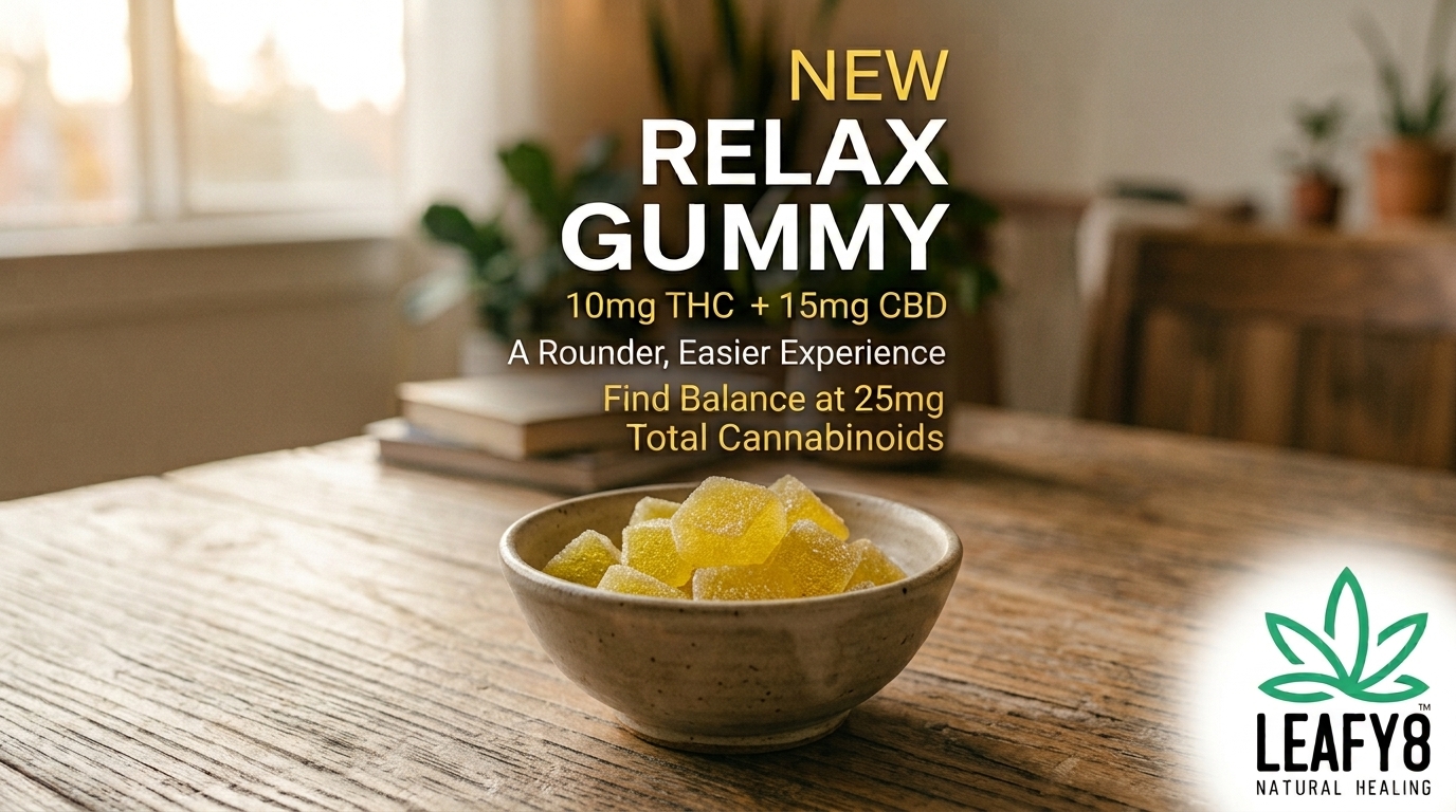 Leafy8 Relax Gummy thumbnail featuring yellow Delta-9 THC and CBD gummies in a bowl with product dosage details.