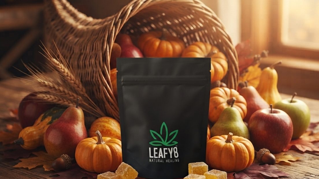 A rustic still life scene set on a wooden table featuring an overflowing woven cornucopia filled with miniature pumpkins, apples, pears, and wheat stalks. Centered in the foreground is a matte black stand-up pouch with a green cannabis leaf logo and the text "LEAFY8 NATURAL HEALING". The pouch is surrounded by scattered autumn leaves, acorns, and five square, sugar-coated yellow gummies. The background is a soft-focus window with warm golden light.