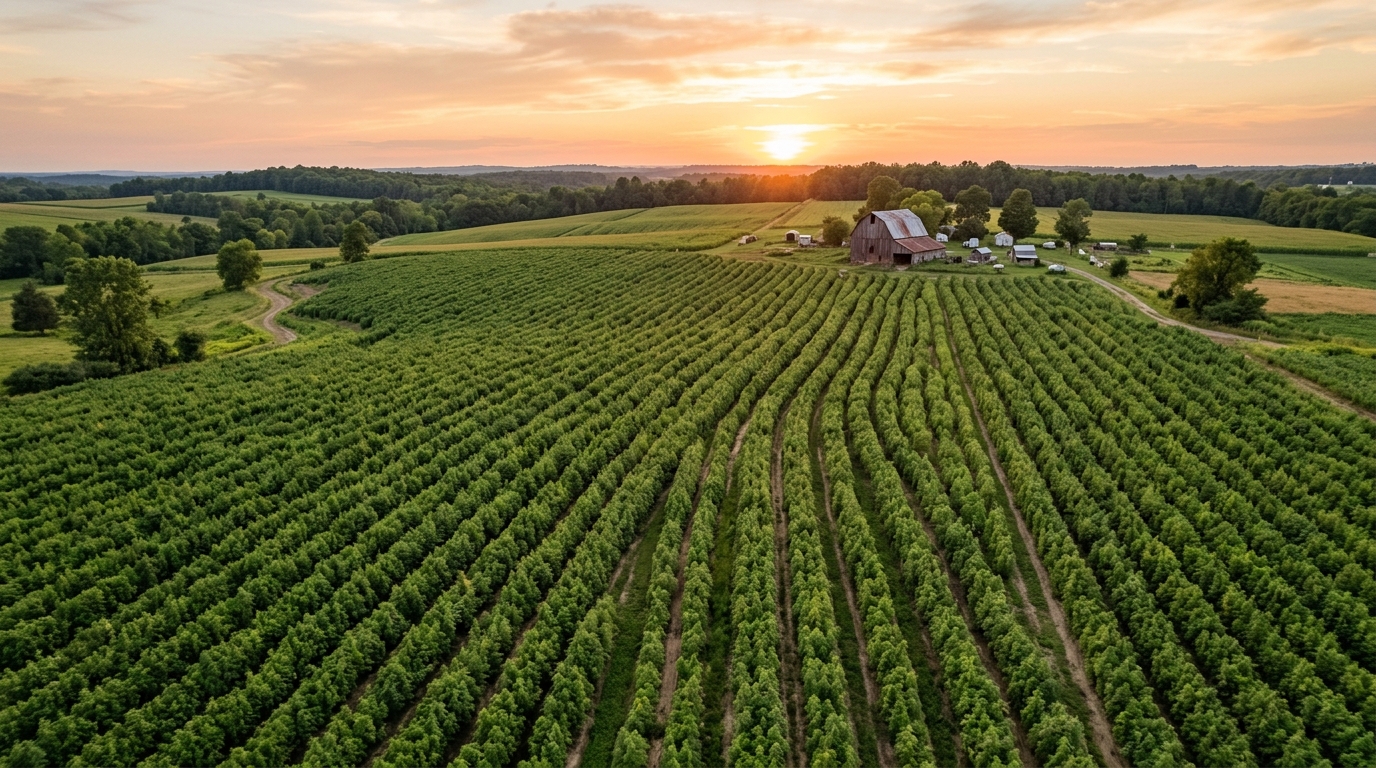 A wide-angle aerial landscape photograph shows a large farm at golden hour, with expansive fields of green crops including hemp stretching towards the horizon. In the distance, a small wooden barn sits among trees, with warm soft sunlight. Leafy8