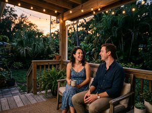 Candid photo of two friends laughing on a cozy wooden porch decorated with glowing string lights, enjoying a Florida evening after using hemp-derived products from Leafy8.