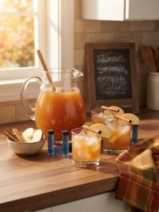 Cozy autumn lifestyle photo on a kitchen counter, featuring a glass pitcher and glasses of ice-cold apple cider garnished with cinnamon sticks and sliced apples. In the foreground, arranged next to a small bowl of cinnamon sticks and apples, are three distinct THC liquid gummy vials from Leafy8, with their characteristic blue liquid visible. Warm, natural afternoon light streams in from a window on the left. A small, illegible chalkboard sign rests in the background against a tiled backsplash. The scene includes a folded autumn plaid towel and has a warm, inviting, no-people atmosphere. This setup is perfect for a relaxing fall afternoon.