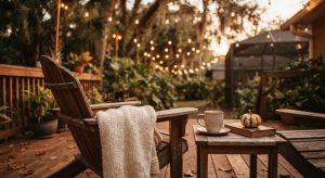 Warm amber-toned autumn evening on an outdoor wooden deck surrounded by lush tropical greenery, softly blurred bokeh string lights, and a calm, inviting atmosphere.