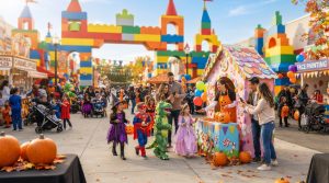 Costumed children trick-or-treating at an outdoor festival with colorful oversized building block structures and a candy-themed booth in the background.