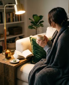 A cozy evening scene showing someone unwinding on a sofa wrapped in a blanket, with a hot drink, a book, and a green Leafy8 sleep gummy.