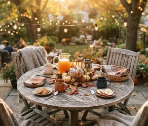 A casual outdoor patio table set for a fall gathering, featuring a pitcher of apple cider, mismatched mugs, small pumpkins, and autumn leaves, surrounded by wooden chairs draped with blankets under glowing string lights.