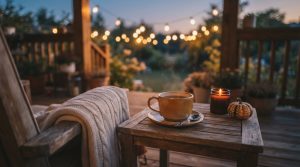 A cozy wooden patio at dusk featuring a steaming cup of tea, a lit candle, and a small autumn gourd on a side table beside a chair draped with a light knit blanket.
