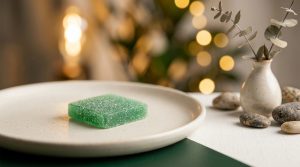 A single green, sugar-coated Leafy8 sleep gummy centered on a speckled cream ceramic plate, set against a background of smooth river stones, a eucalyptus vase, and warm fairy lights.