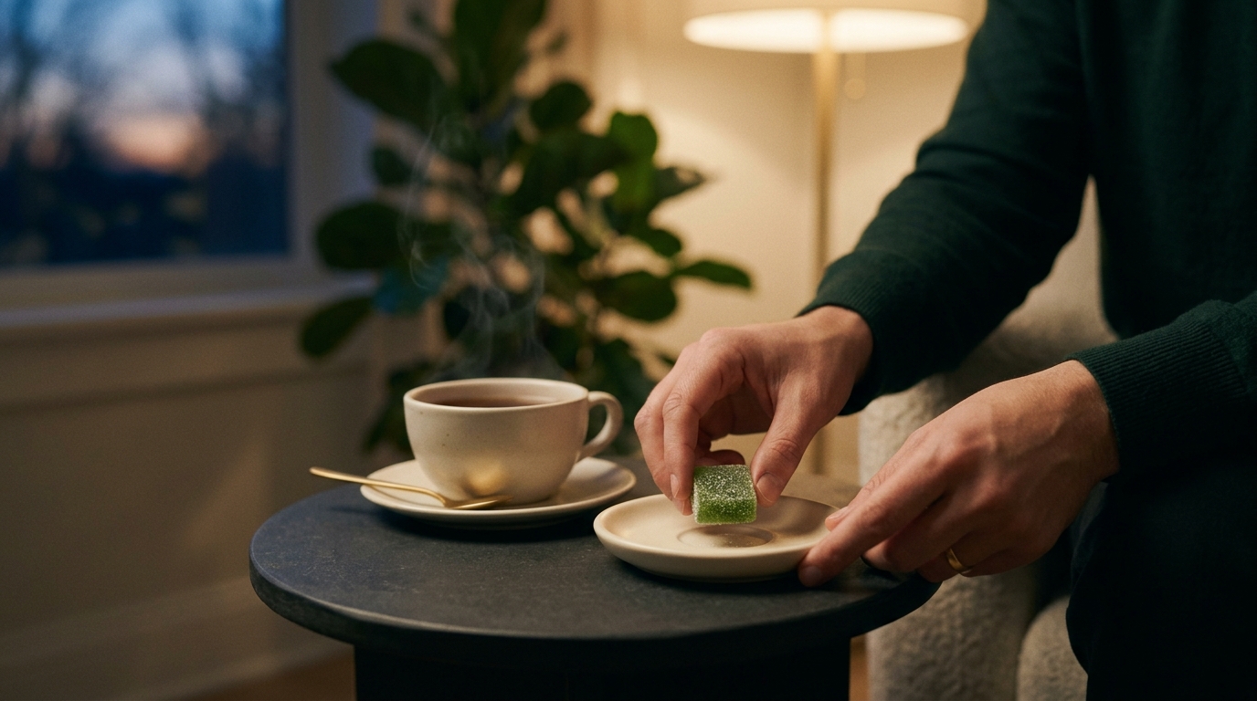 An adult’s hands placing a green Leafy8 sleep gummy onto a ceramic dish beside a cup of tea on a charcoal table in a cozy evening setting.