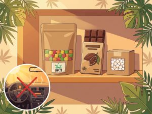 A vector illustration of a pantry shelf with a labeled gummy pouch, chocolate bar, and marshmallows in a warm color palette. In the corner, a circular inset with a red "X" shows a hot car dashboard, emphasizing proper storage. The edges are framed by tropical plant leaves and subtle hemp leaf silhouettes.